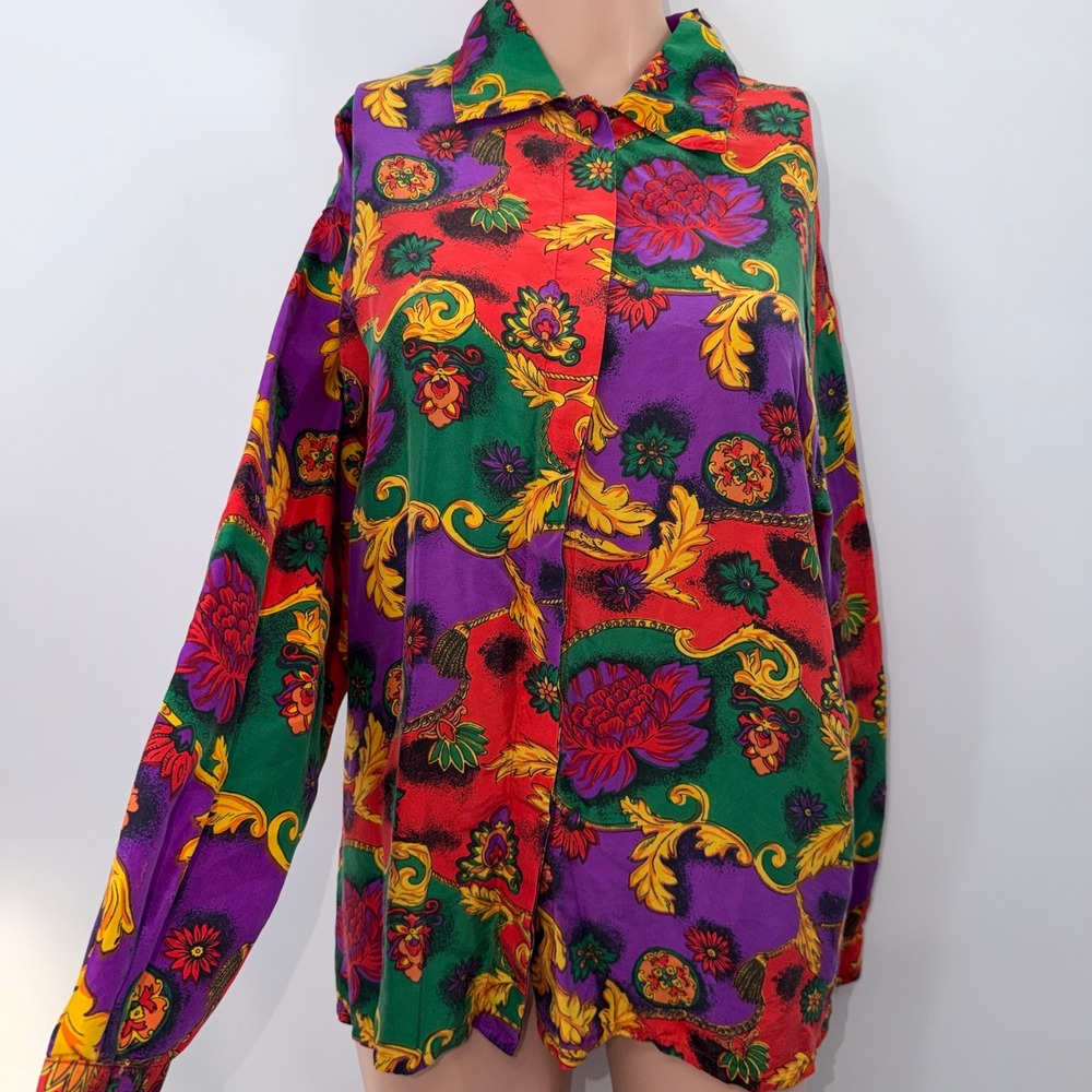 Kate Howard (S) Silk Baroque Floral Vintage 90s Rich Maximalist Bold Button Up